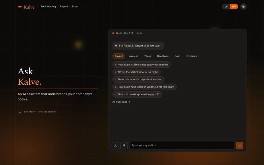 The Kalve landing page, headed "Ask Kalve", with a chat panel offering topic tabs for payroll, invoices and taxes, five suggested questions about a demo company, and a question box carrying upload and microphone buttons.